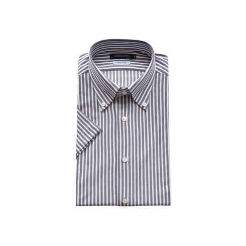 【日本製】 ワイシャツ メンズ 半袖 ビジネス 形態安定 速乾 ノーアイロン ストライプシャツ ボタンダウン ネイビー(SHKN24-063-na)